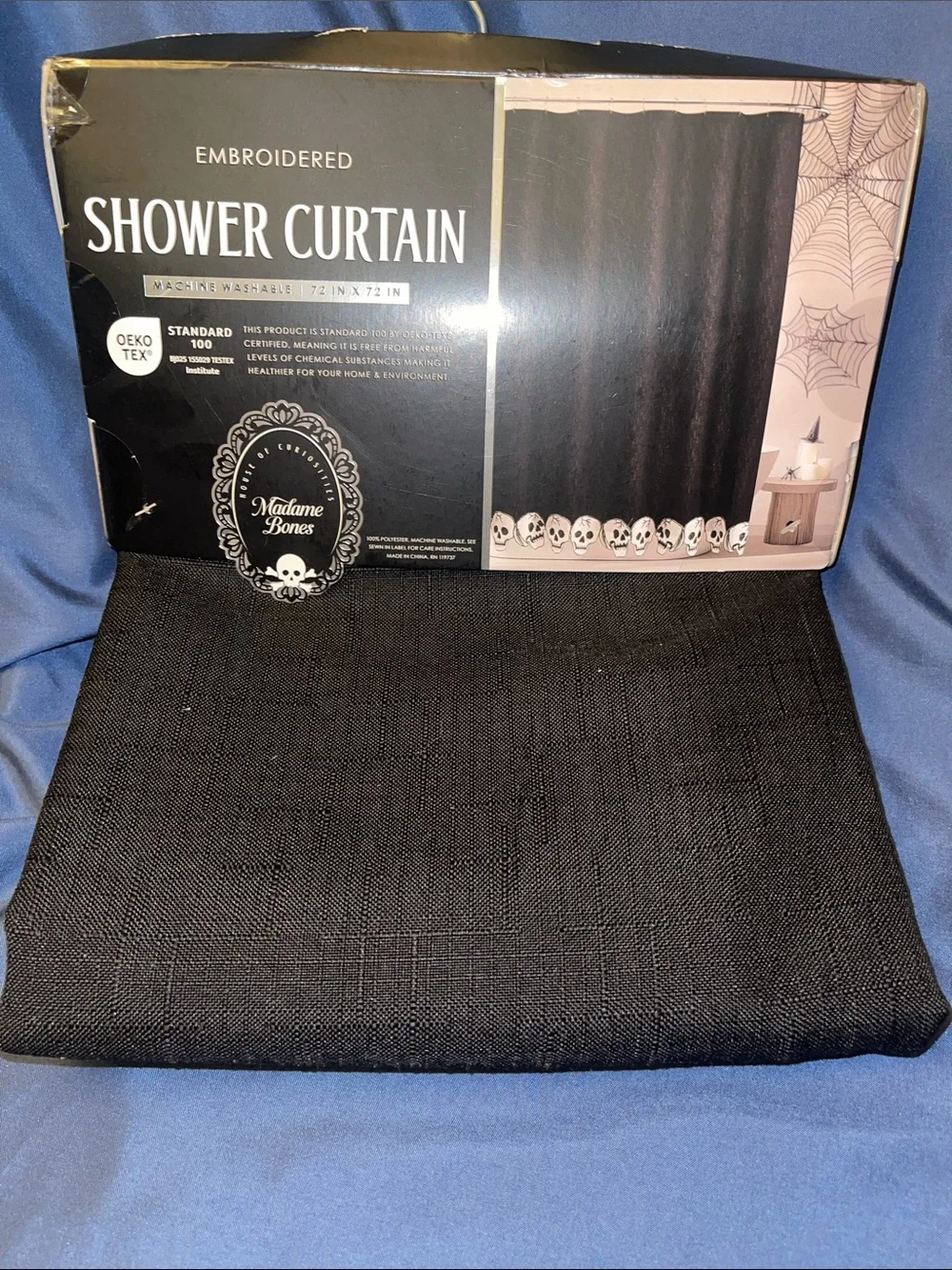 Madame Bones Black & White Embroidered Skull Shower Curtain